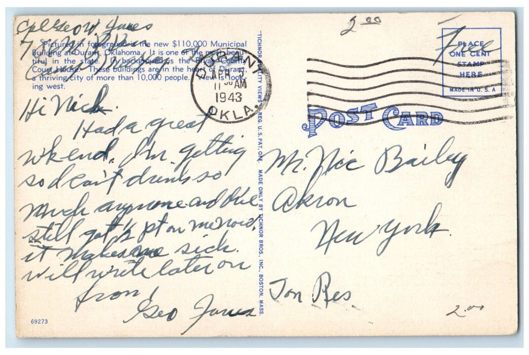 1943 Durant Municipal Building Court House Exterior Durant Oklahoma OK Postcard