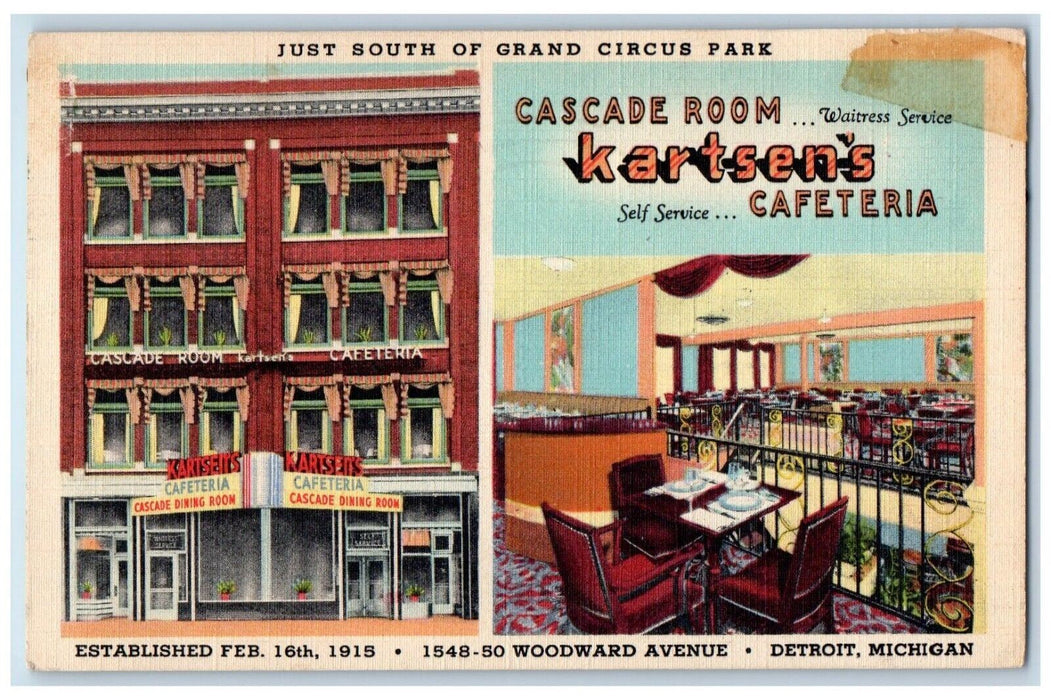 1949 Cascade Room Kartsens Cafeteria Multiview Detroit Michigan Vintage Postcard