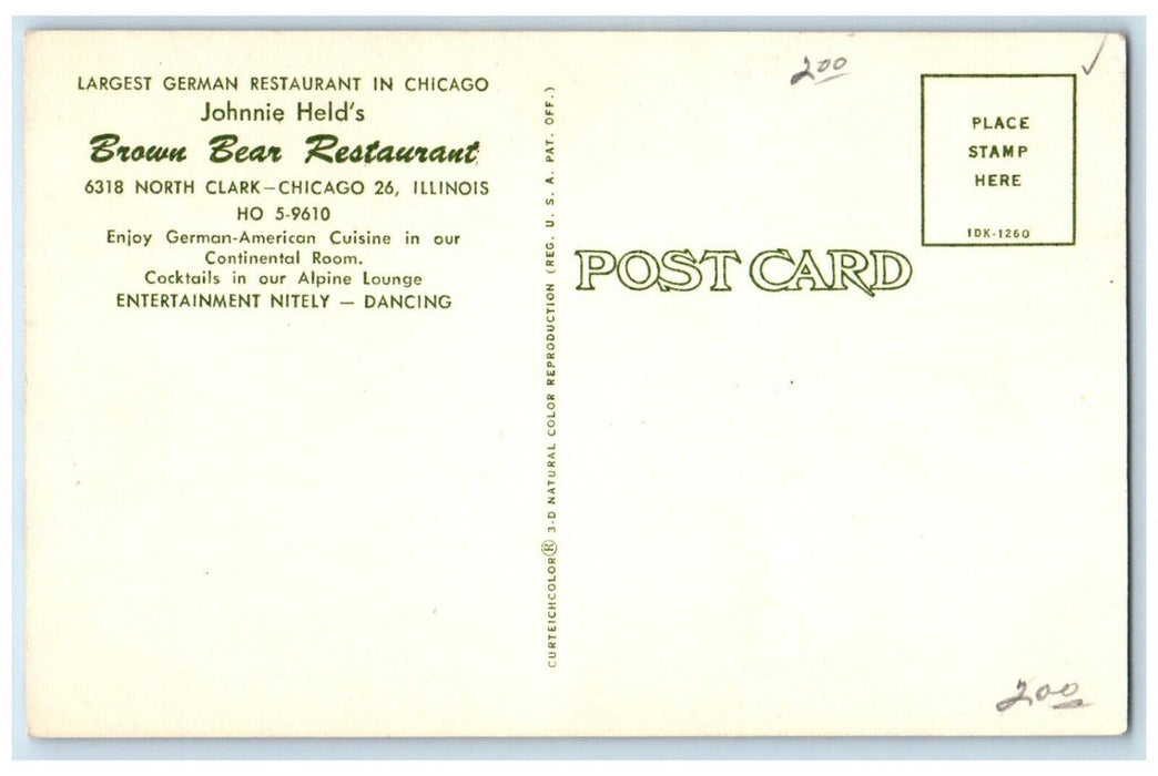 c1960 Johnnie Helds Brown Bear Restaurant North Clark Chicago Illinois Postcard