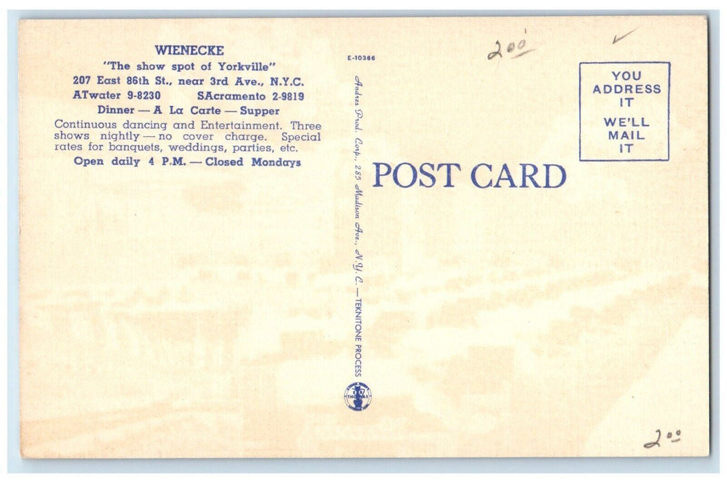 c1960 Wienecke Show Spot Interior Restaurant Yorkville New York City NY Postcard