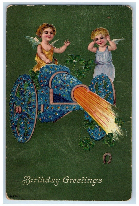 c1910's Birthday Greetings Cannon Pansies Flowers Clover Horseshoe Postcard