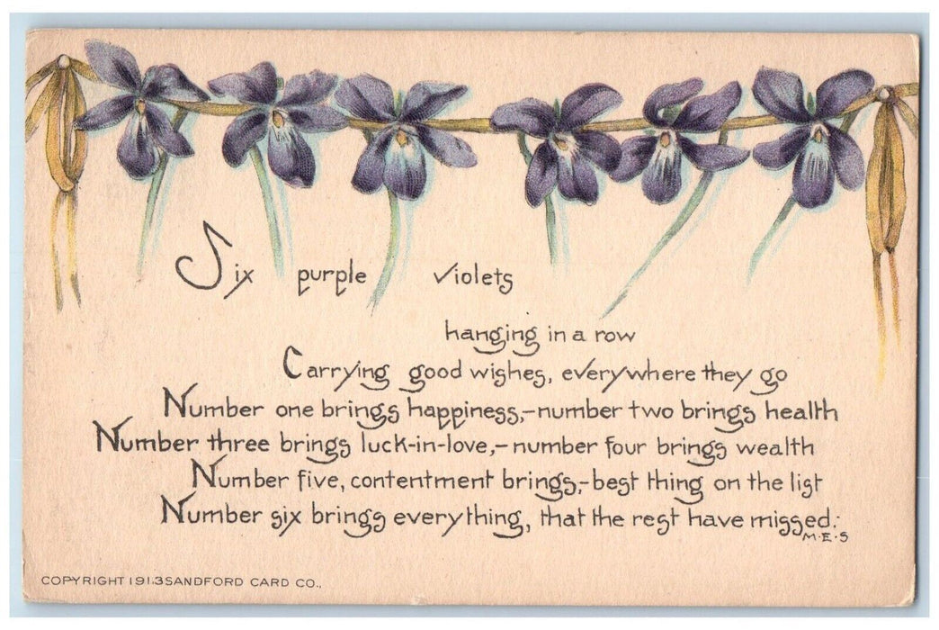 c1910's Six Purple Violets Flowers Hanging In A Row Poem Sandford Postcard