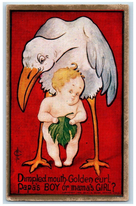 1909 Undressed Baby Toddler Dimpled Mouth Stork Fig Leaf Posted Antique Postcard