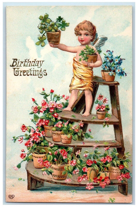 c1910's Birthday Greetings Angel Plants Flowers Clover Embossed Antique Postcard