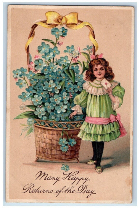 c1910's Returns Of The Day Girl Pansies Flowers In Basket Embossed Postcard