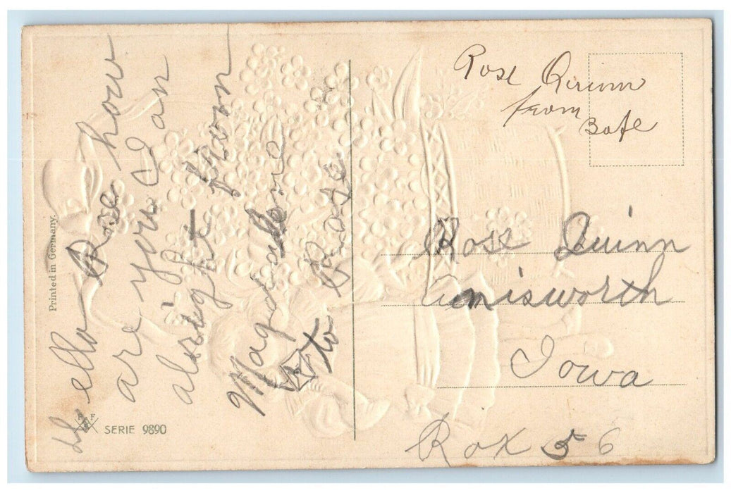 c1910's Returns Of The Day Girl Pansies Flowers In Basket Embossed Postcard