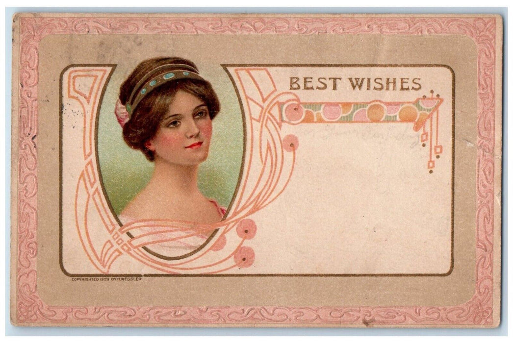 1910 Best Wishes Pretty Woman Art Nouveau Bloomfield Iowa IA Embossed Postcard