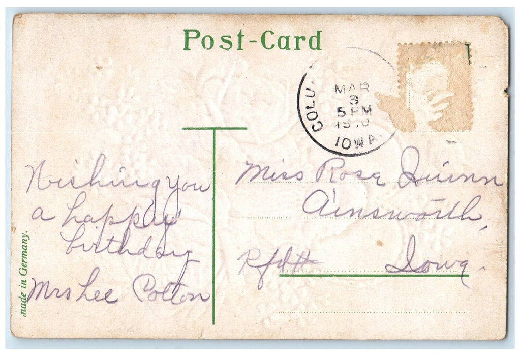 1910 Best Wishes Heart Flowers Pansies Embossed Lone Tree Iowa IA Postcard