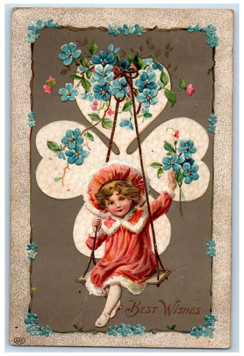 1910 Best Wishes Little Girl Swing Shamrock Pansies Flowers Embossed Postcard