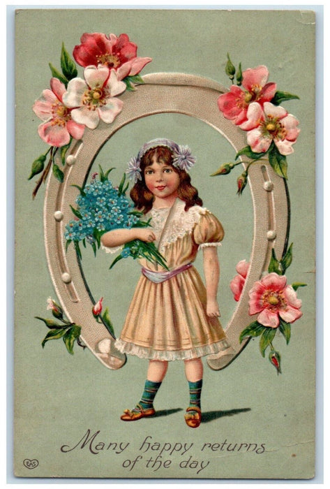 c1910s Happy Returns Of The Day Girl Horseshoe Pansies Flowers Embossed Postcard