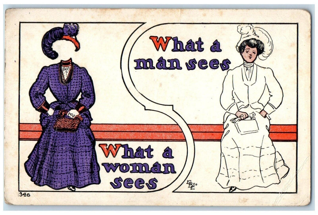 c1910's Pretty Woman Dress Code Man Sees Embossed Unposted Antique Postcard