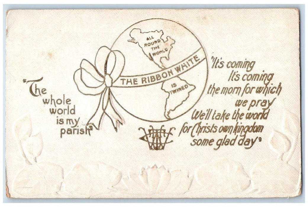 c1910's The Ribbon White Globe Whole World Embossed Unposted Antique Postcard