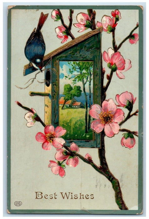 1912 Best Wishes Bird Cage Pink Flowers Gel Gold Gilt Sterling IL Postcard