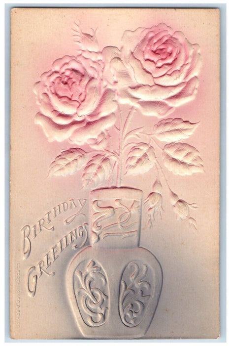 c1905 Birthday Greetings Flower Vase Airbrushed Embossed Antique Postcard