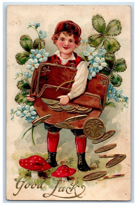 c1910's Good Luck Boy Coin Mushroom Pansies Clover Embossed Antique Postcard