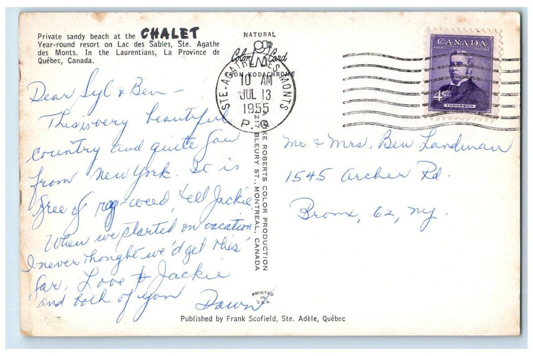 1955 Private Sandy Beach Laurentians Resort La Provice De Quebec Canada Postcard
