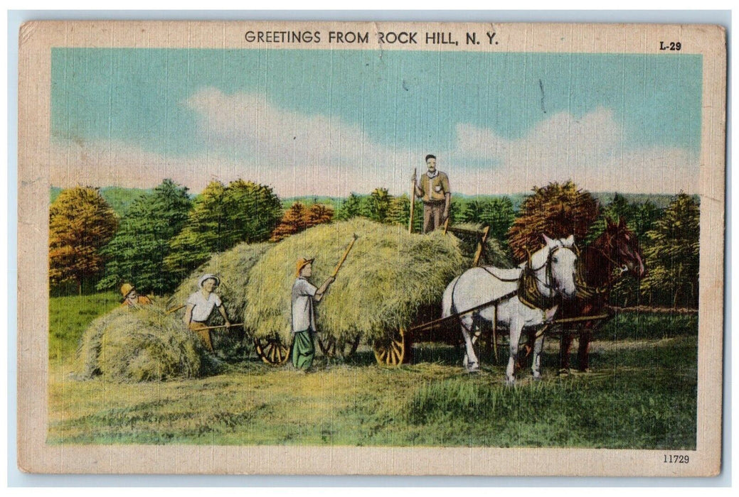 1946 Greetings From Rock Hill Horse Carriage Farming Grass New York NY Postcard