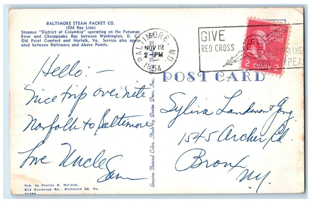 1954 Baltimore Steam Packet Co. Old Bay Line Steamer District Columbia Postcard