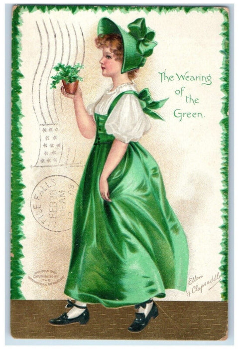 c1910's St. Patrick's Day Girl Wearing Green Dress Ellen Clapsaddle Postcard