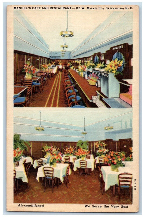 c1940 Manuels Cafe Restaurant Market St. Greensboro North Carolina NC Postcard