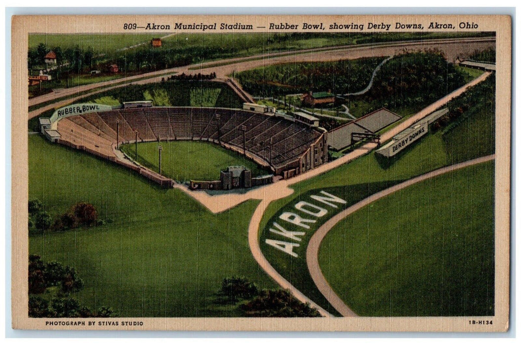 c1940 Akron Municipal Stadium Rubber Bowl Derby Downs Field Akron Ohio Postcard