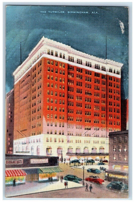 c1940 Tutwiler Exterior Building Classic Cars Night Birmingham Alabama Postcard