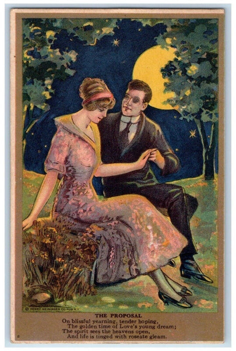 c1910's The Proposal Sweet Couple Romance Moon And Trees Antique Postcard