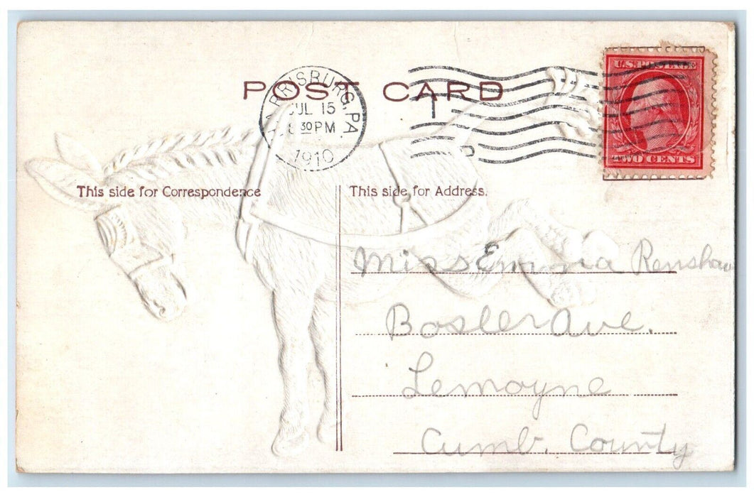 1910 Donkey Kick Airbrushed Embossed Harrisburg Pennsylvania PA Antique Postcard