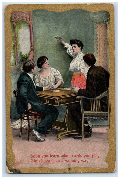 c1910's Mens And Womens Playing Cards Gambling Unposted Antique Postcard