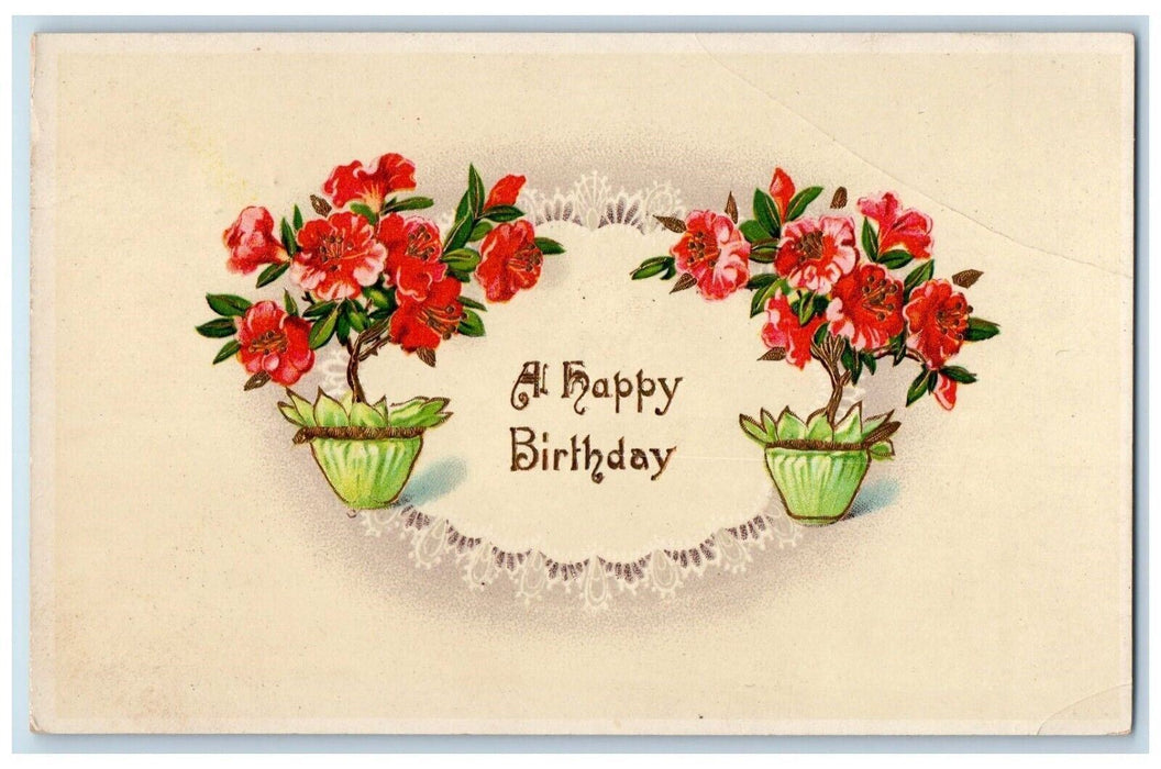 1914 Happy Birthday Flowers Pot Gel Gold Gilt Embossed Posted Antique Postcard