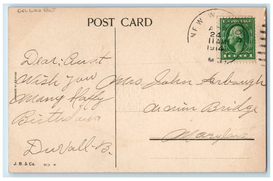 1914 Happy Birthday Flowers Pot Gel Gold Gilt Embossed Posted Antique Postcard