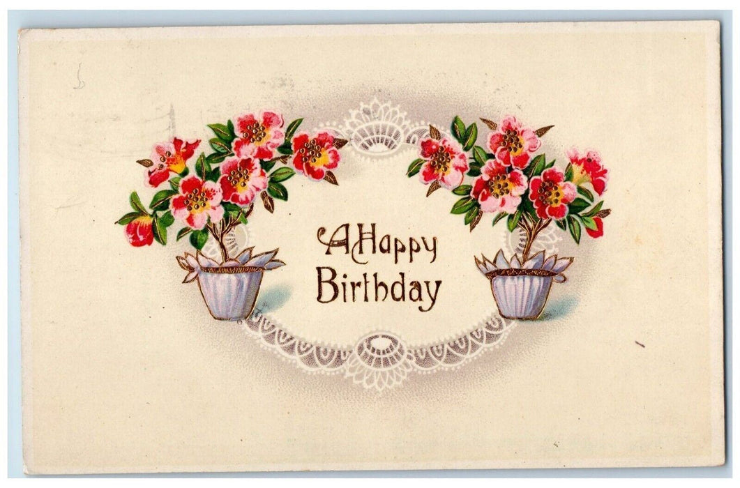1914 Happy Birthday Flowers In Pot Gel Gold Gilt West Minster MD Posted Postcard