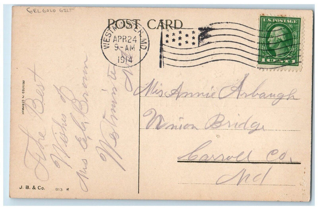 1914 Happy Birthday Flowers In Pot Gel Gold Gilt West Minster MD Posted Postcard