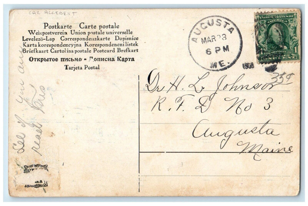 1908 Car Accident Haven't Run Across Any Of My Friends Yet Augusta ME Postcard
