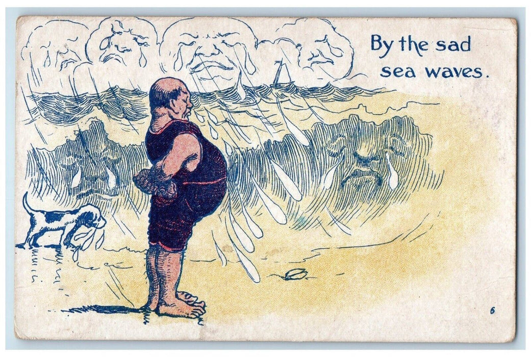 1907 Man Crying Ocean Dog Weird Sea Waves Oswego New York NY Antique Postcard