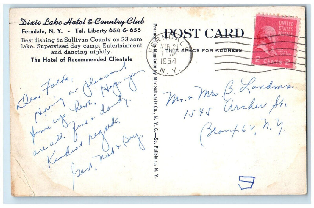 1954 Dixie Lake Hotel Country Club Sullivan County Ferndale New York NY Postcard