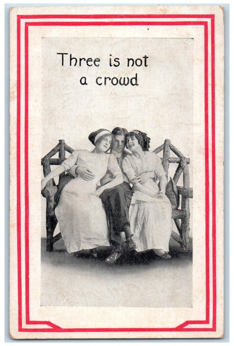 c1910's Three Is Not Crowd Man With Two Girls Wooden Bench Antique Postcard