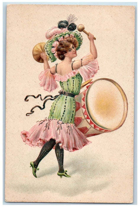 1908 Pretty Woman Dress Big Hat Drummer Embossed Greensburg PA Antique Postcard