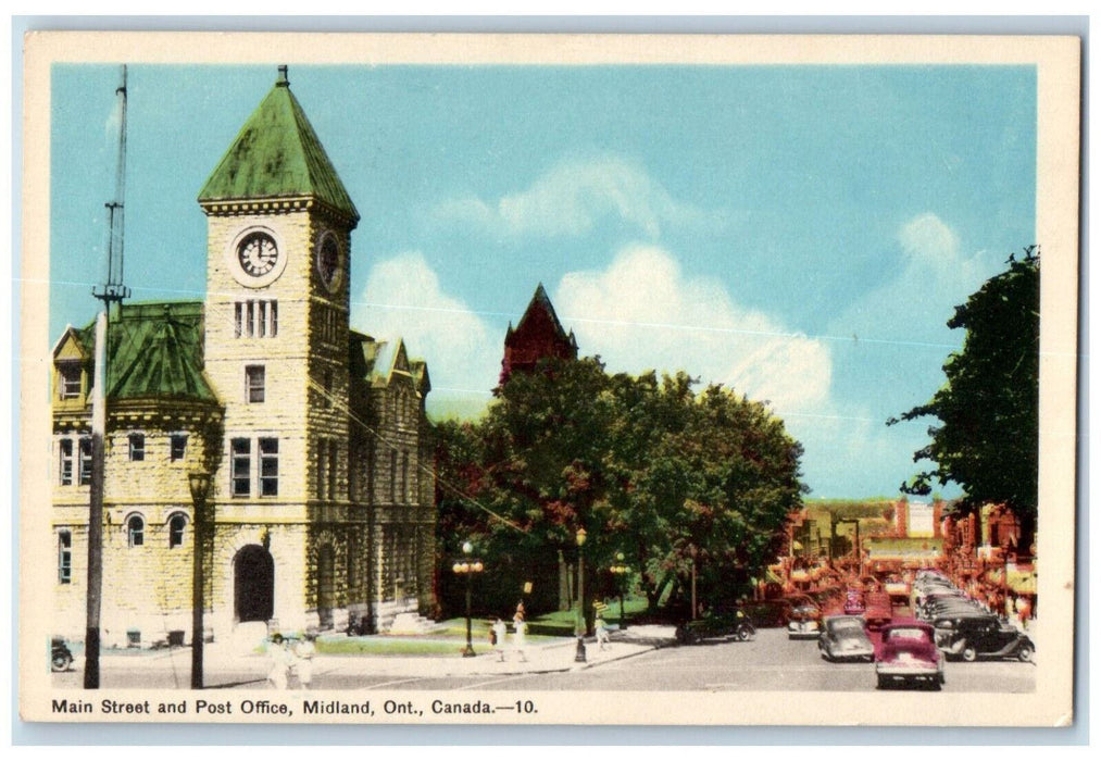 c1940's Main Street and Post Office Midland Ontario Canada Vintage Postcard
