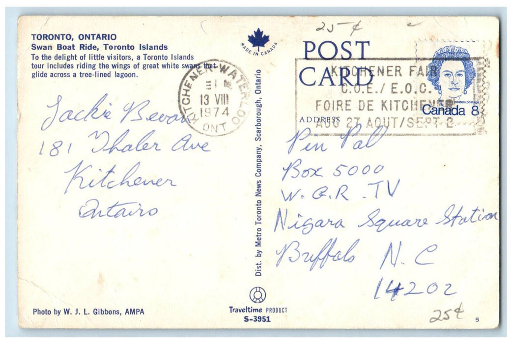 1974 Swan Boat Ride Toronto Islands Toronto Ontario Canada Posted Postcard