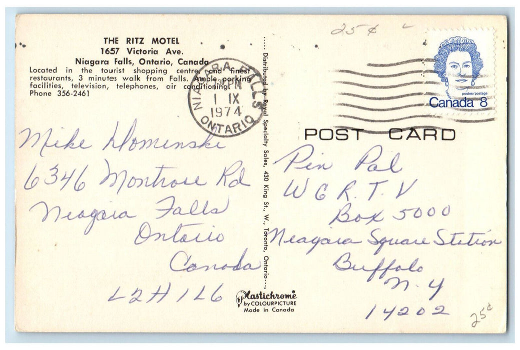 1974 Greetings from The Ritz Motel and Restaurant Niagara Falls Canada Postcard