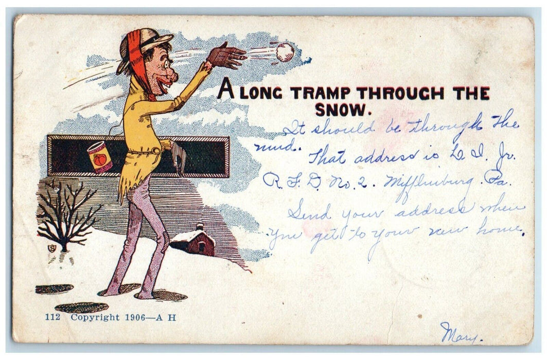 1907 Old Man Throwing Snow Tramp Hobo Mifflinburg Pennsylvania PA Postcard