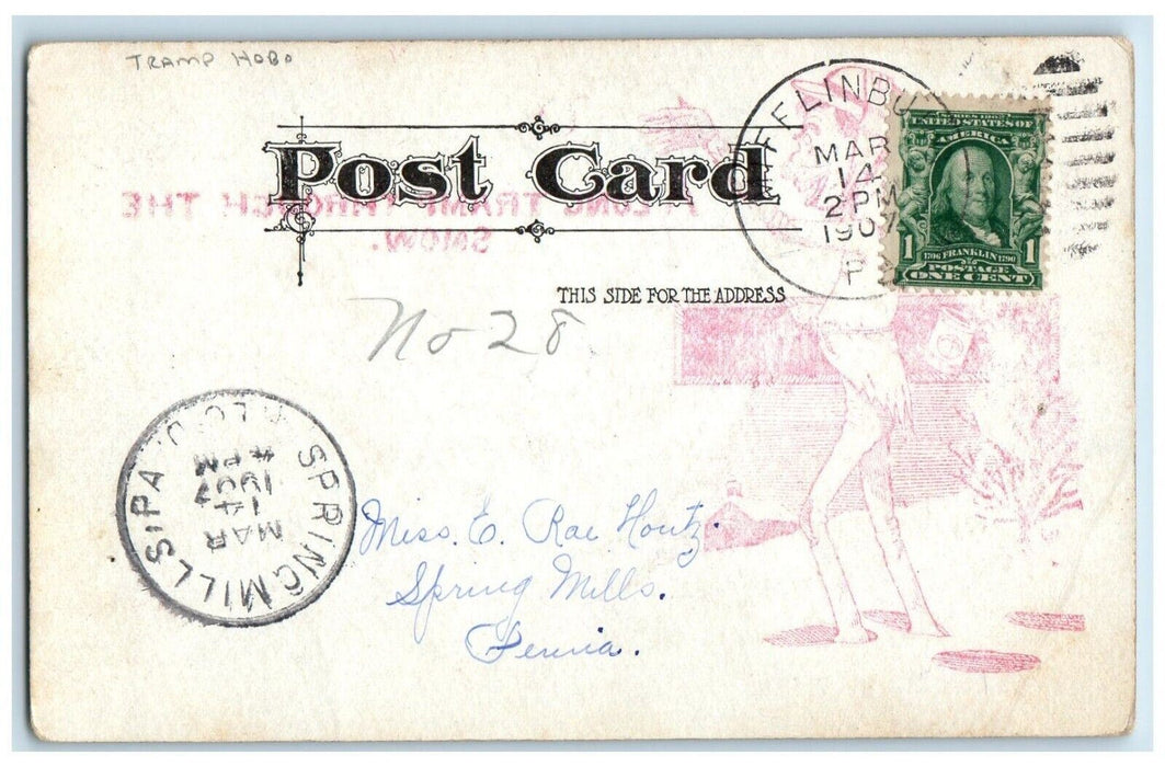 1907 Old Man Throwing Snow Tramp Hobo Mifflinburg Pennsylvania PA Postcard