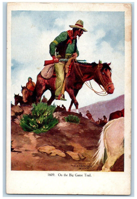 c1910's On The Big Game Tail Horse Cowboy Embossed Unposted Antique Postcard