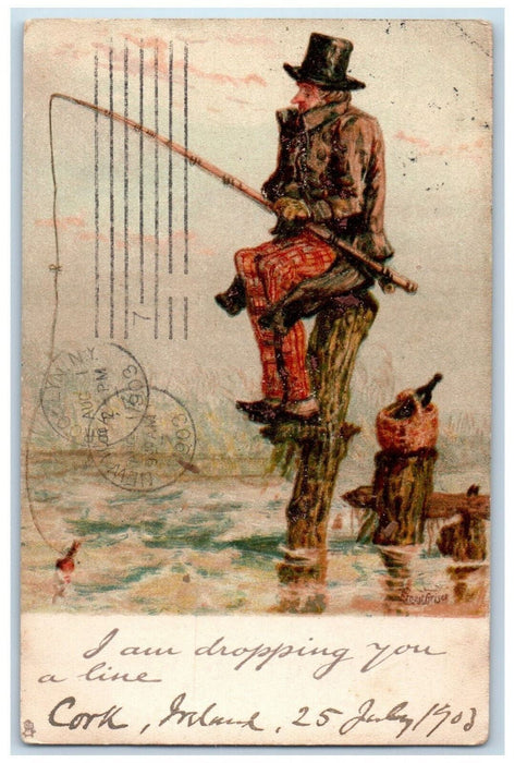 1903 Fisherman Cork Ireland Posted Antique Write Away Tuck Art Postcard