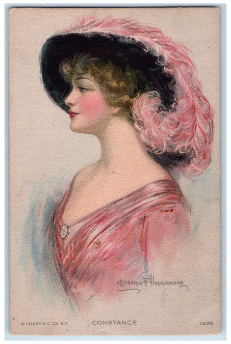 c1910's Pretty Woman Feather Hat Constance Clarence Underwood Antique Postcard