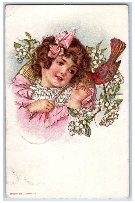 1910 Pretty Little Girl White Flowers Bird Slippery Rock PA Embossed Postcard