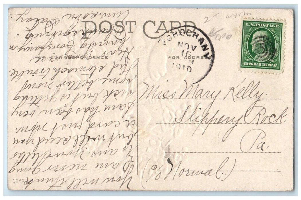 1910 Pretty Little Girl White Flowers Bird Slippery Rock PA Embossed Postcard
