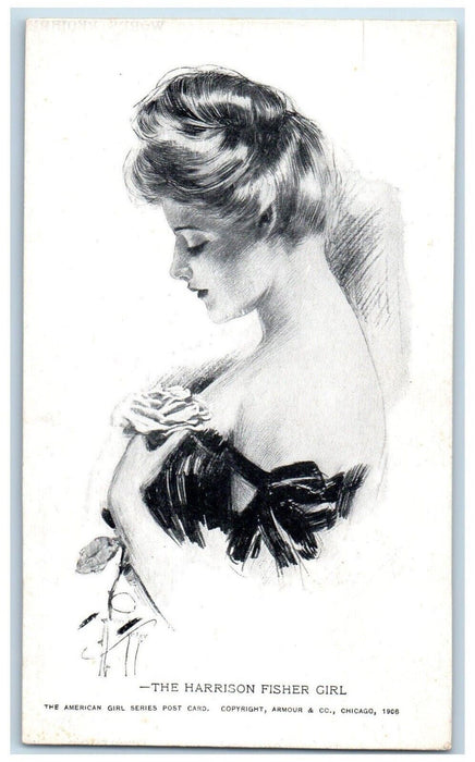 c1905 The Harrison Fisher Girl Sleeveless Flowers Drawing Antique Postcard