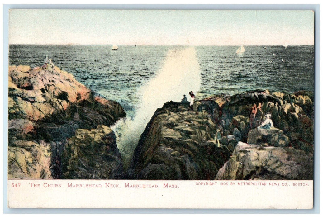 The Churn Marblehead Neck Massachusetts MA, Rocks Ocean Scene Antique Postcard